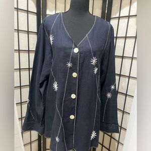 David Dart CHARCOAL BLACK EMBROIDERED Linen TUNIC, WOMEN SIZE L.